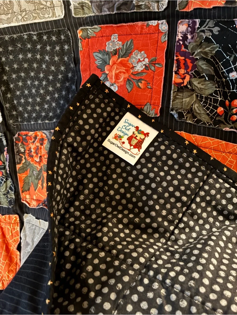 Orange and Black Patchwork Quilt - Floral Checkered Bedspread